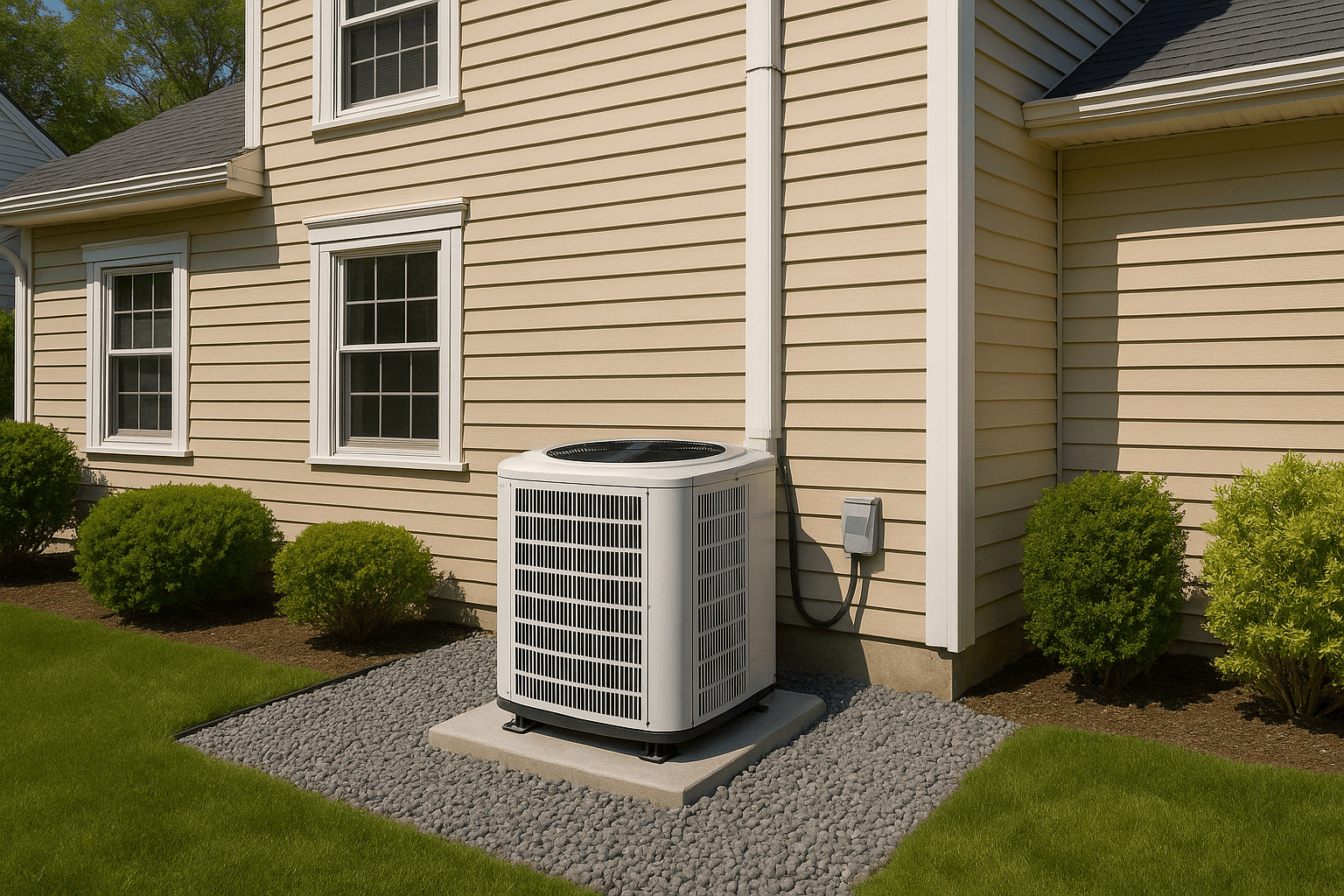 Central air conditioner condenser unit installed beside a Long Island colonial home